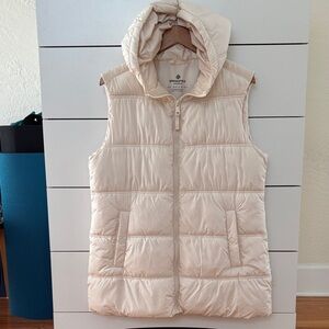 New Long Cream Puffer Vest with Hood